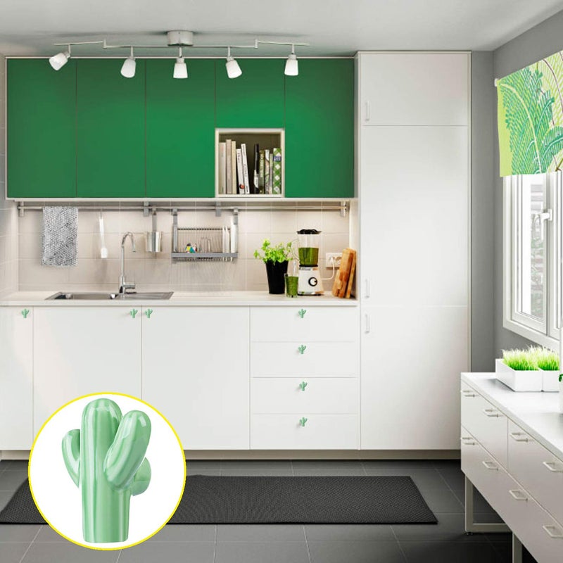ZILucky Cactus Shape Ceramic Drawer Pulls Handles for Nursery Dresser Cupboard Wardrobe Cabinet Kitchen Desert Green Plant Theme Knobs Pack of 6 (Green) - Image 5